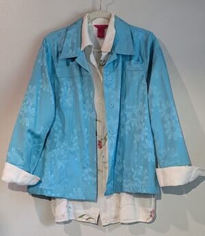 Sunny Leigh Blouse w/ Tantrums Jacket Sz Lg Sold As Set Floral Motif Turquoise